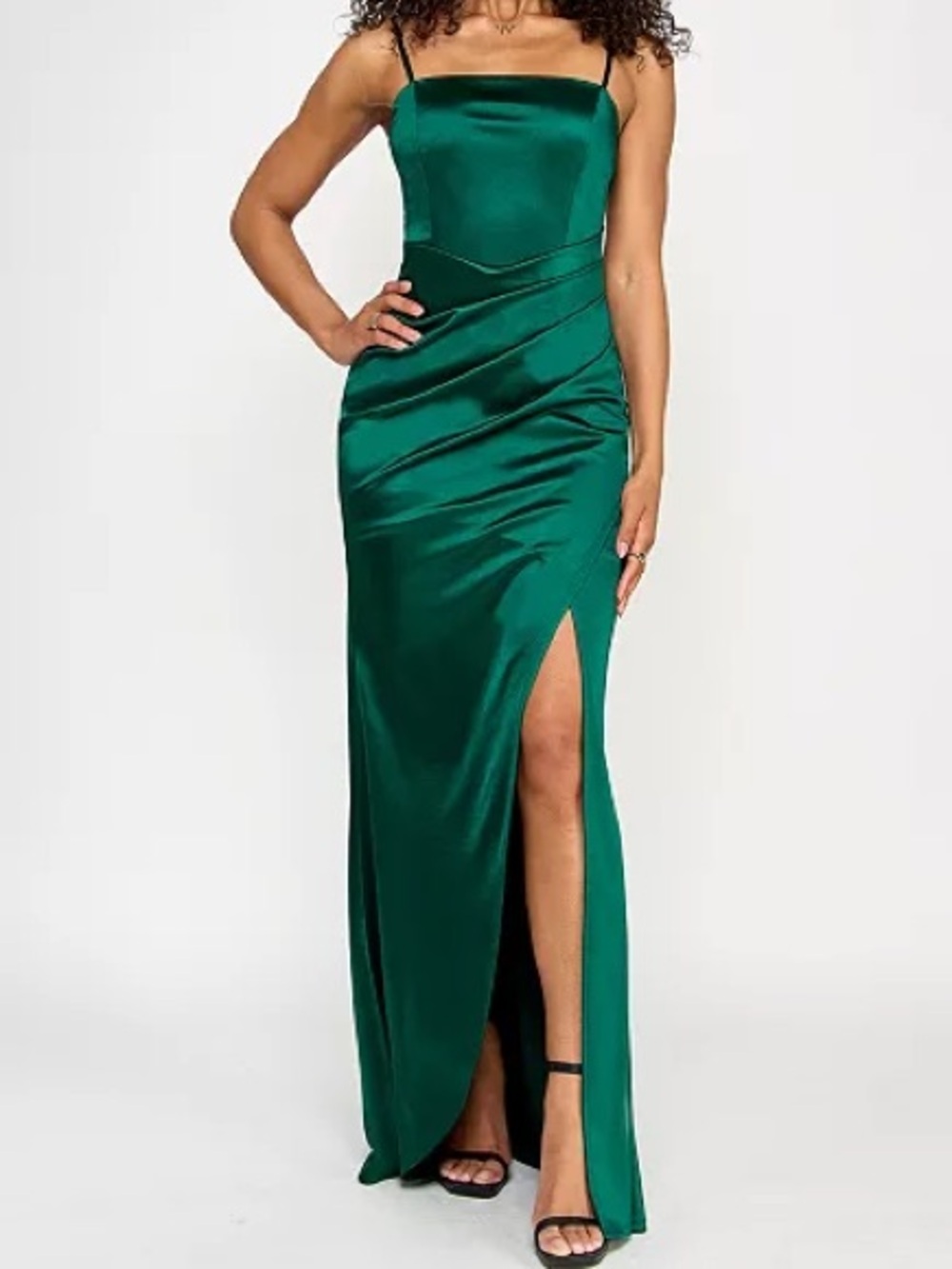 Emerald Sundae Satin Emerald Green Maxi Dress with High Slit